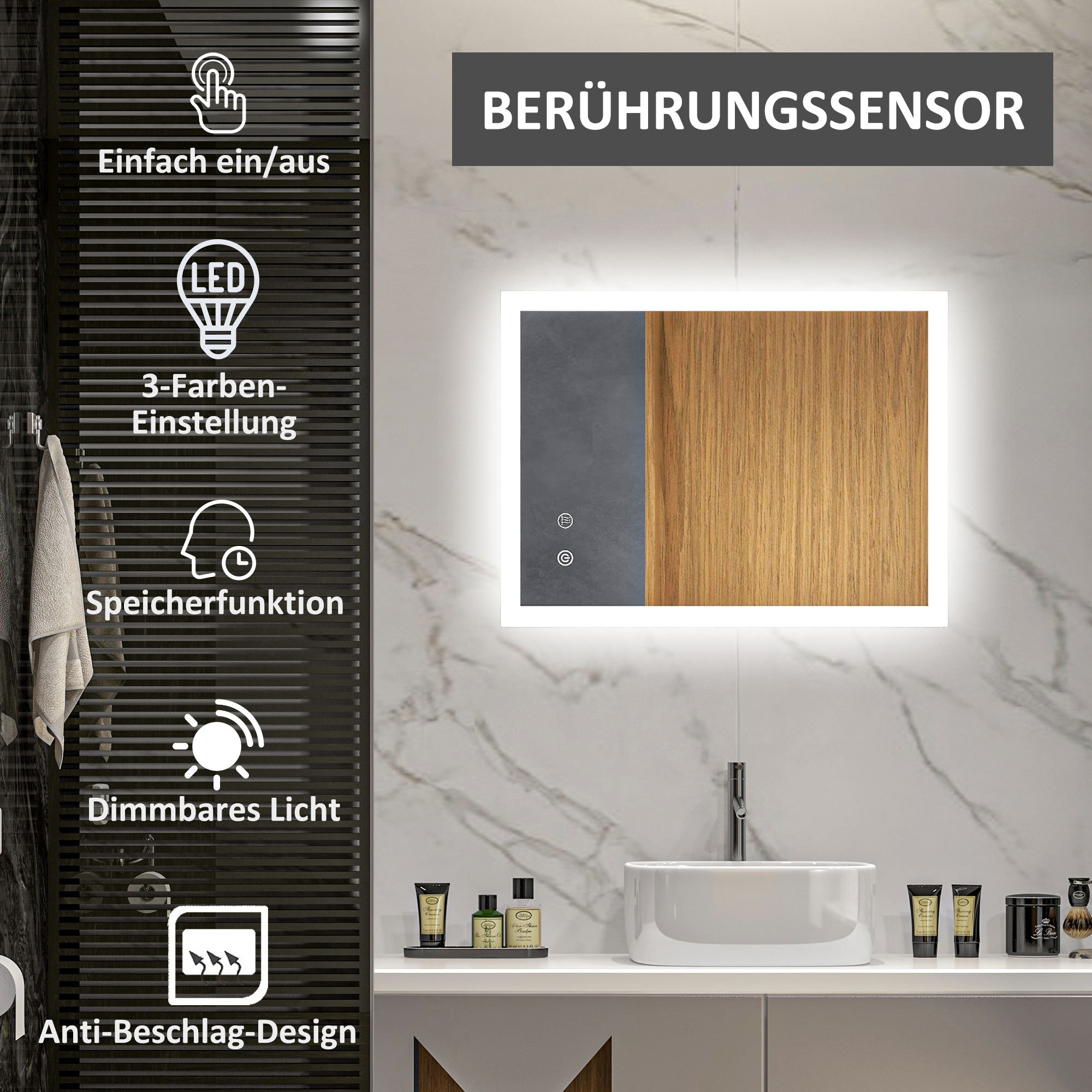 LED Badezimmerspiegel, Hintergrundbeleuchtung, Touch-Funktion, Memory-Funktion, kein Beschlagen, 80 x 60 cm