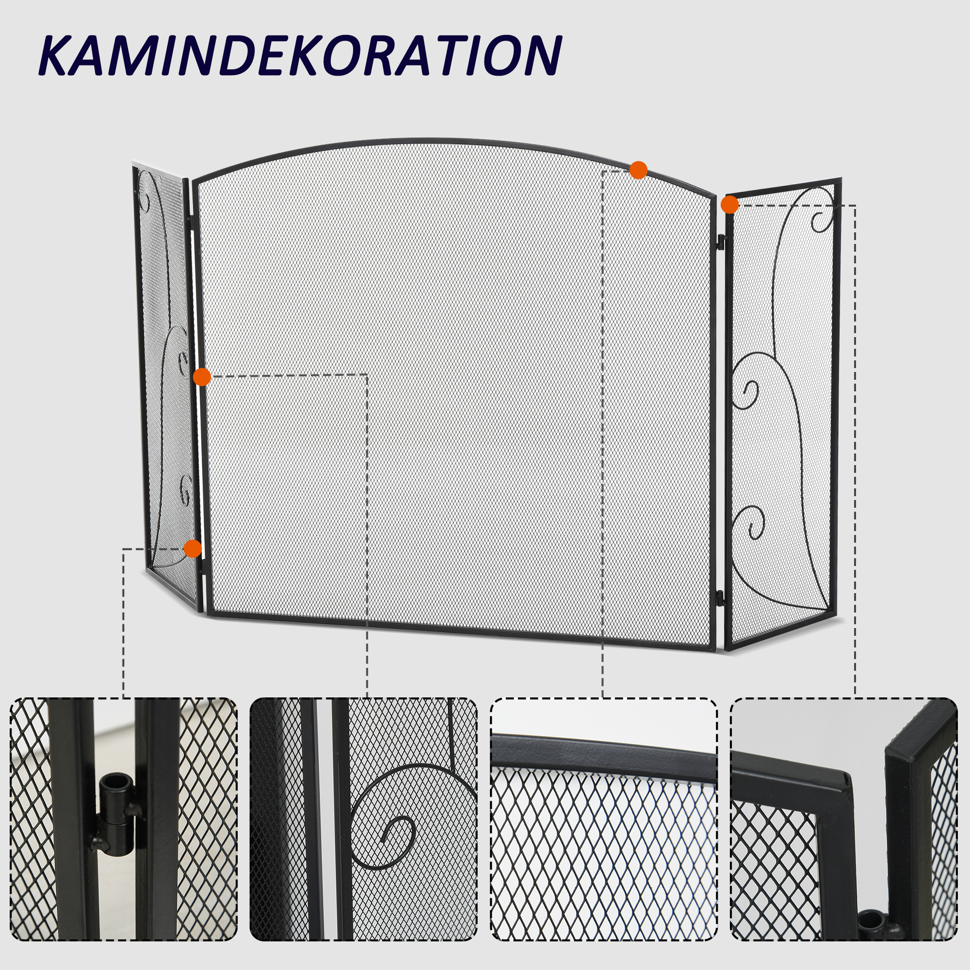 Funkenschutz für Kamine, 3 Paneele, klappbar, flexibel, Metall, schwarz, 132,5 x 76,5cm