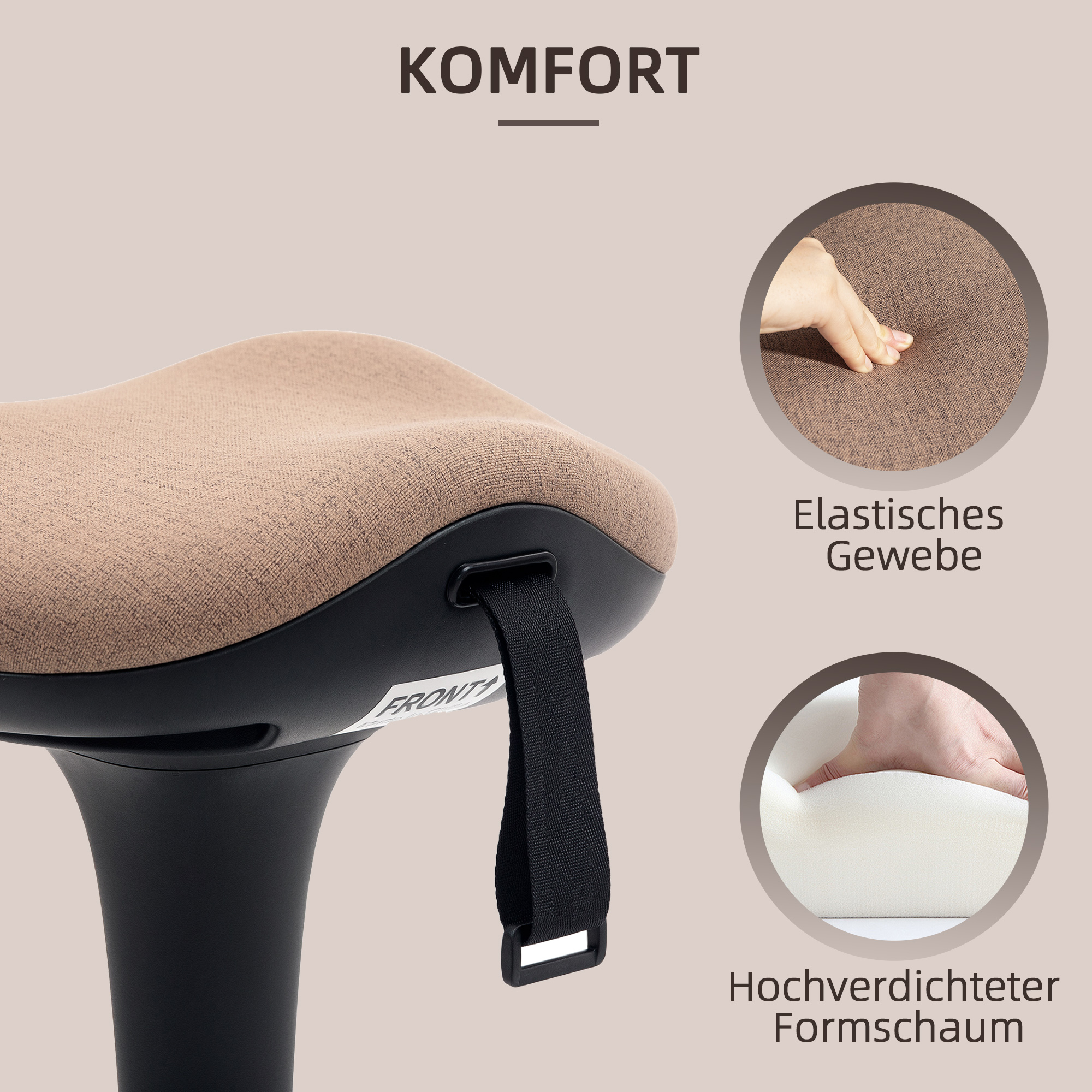 Balancehocker, beweglicher Sitz, drehbarer Bürohocker, höhenverstellbar, ergonomisch, 34 x 34 x 68,5-83,5 cm, Braun