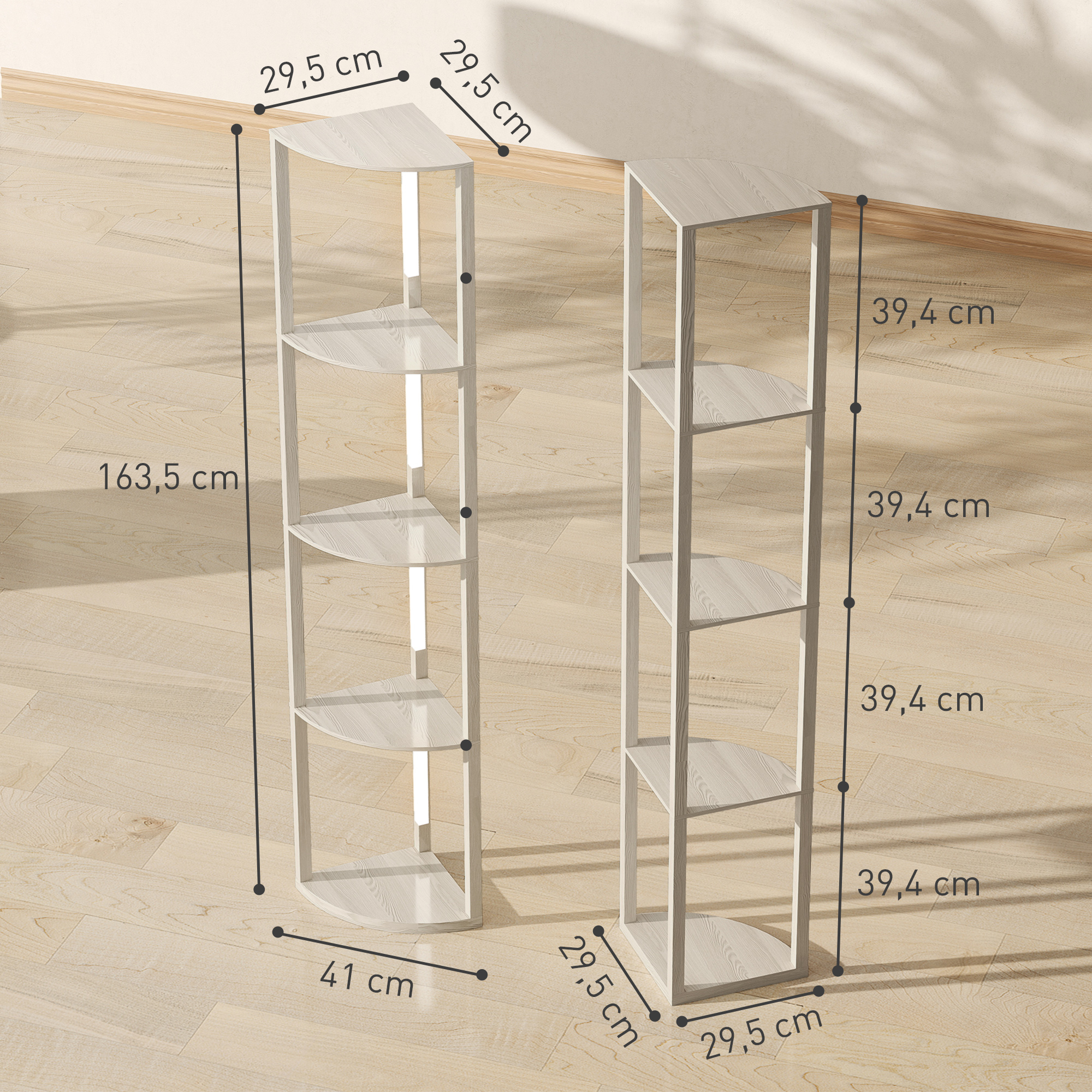 LED Standleuchte, Eckregal, dimmbar, 4 Ablagen, warmweißes Licht, 41x30x164cm, Eiche