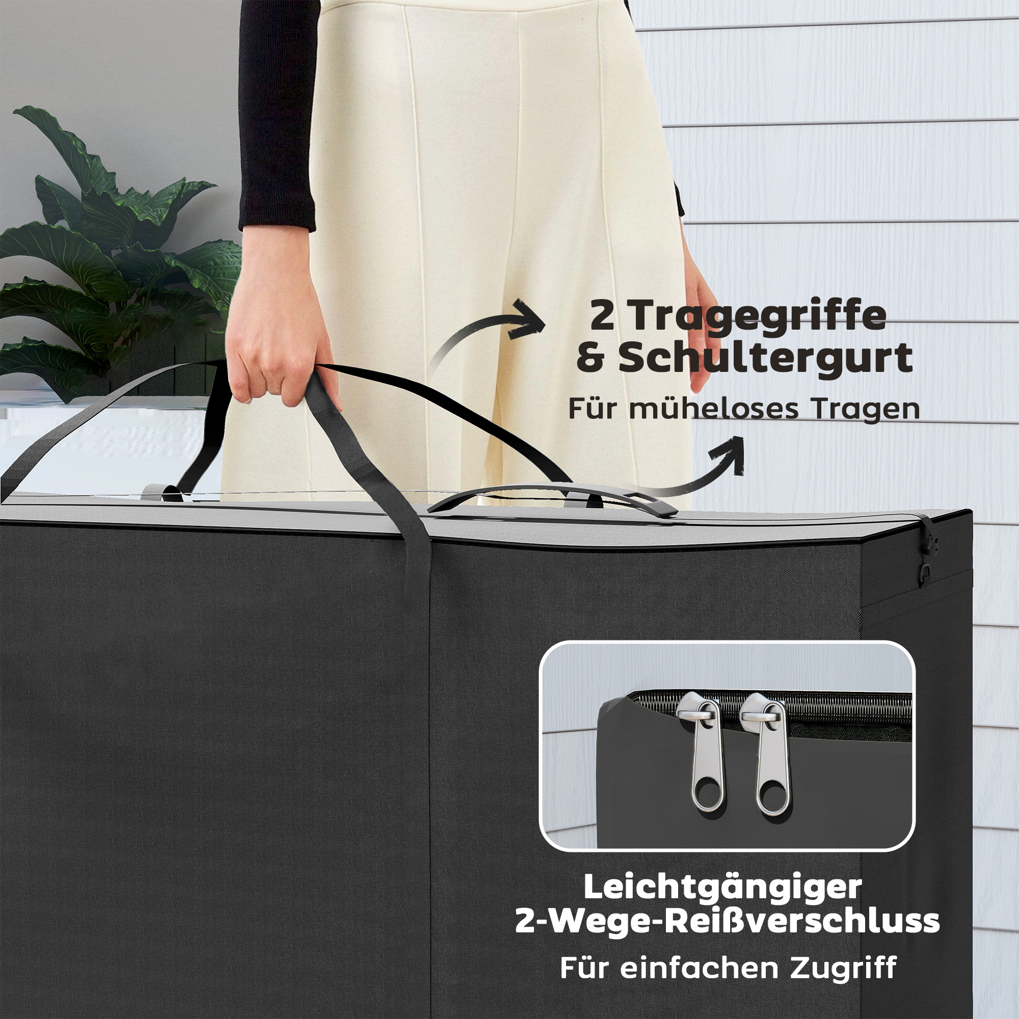 Aufbewahrungstasche Gartenpolster, Auflagentasche, Schutzhülle mit Tragegriff Reißverschluss 200x60x75 cm, Schwarz