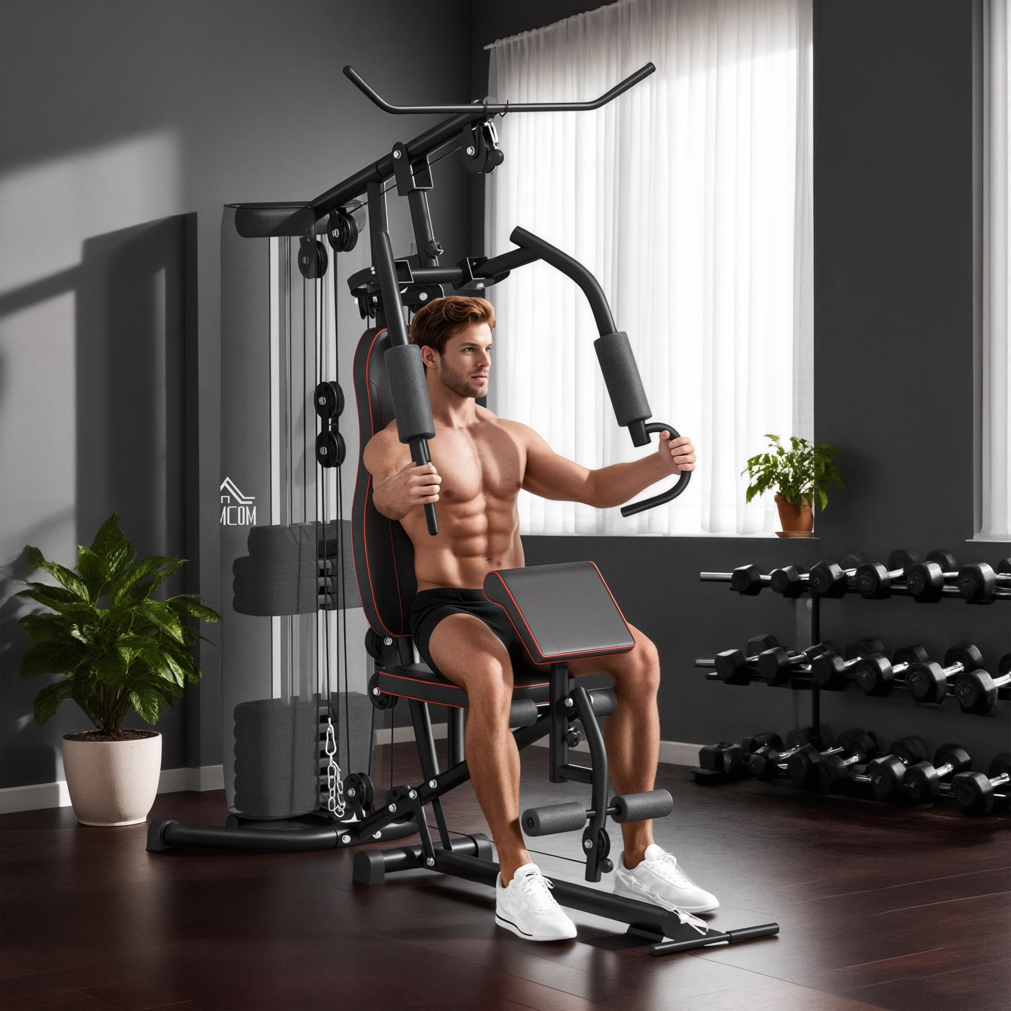 Heimtrainer, Trainingsstation, Hantelbank, Brustpresse, Stahl, 170x104x205 cm, Schwarz