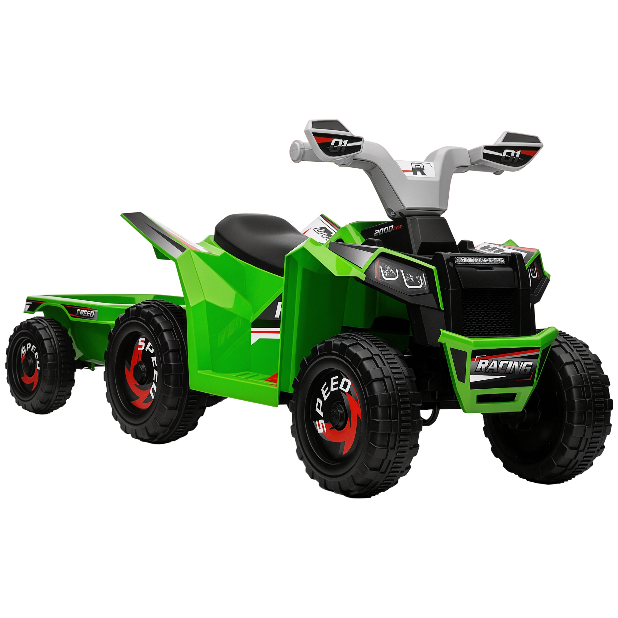 Kinderquad, aufladbar, 2,5 km/h, mit Anhänger, 50 Min, Fahrzeit, für Kinder 1,5 bis 3 Jahre, Grün