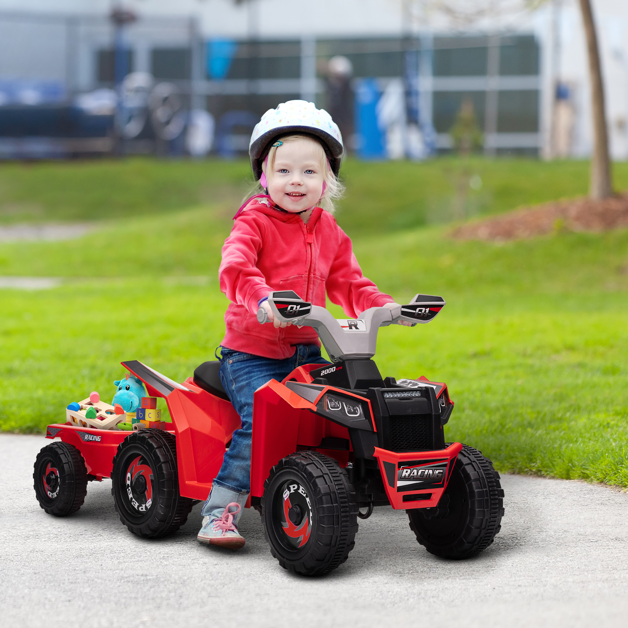 Kinderquad mit Anhänger, 2,5 km/h, 50 Minuten Fahrtzeit, für 1,5 bis 3 Jahre, bis 25 kg, Rot